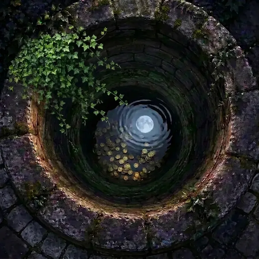 Bird's-eye view looking straight down into a mossy stone wishing well, golden coins glinting in the moonlit water below